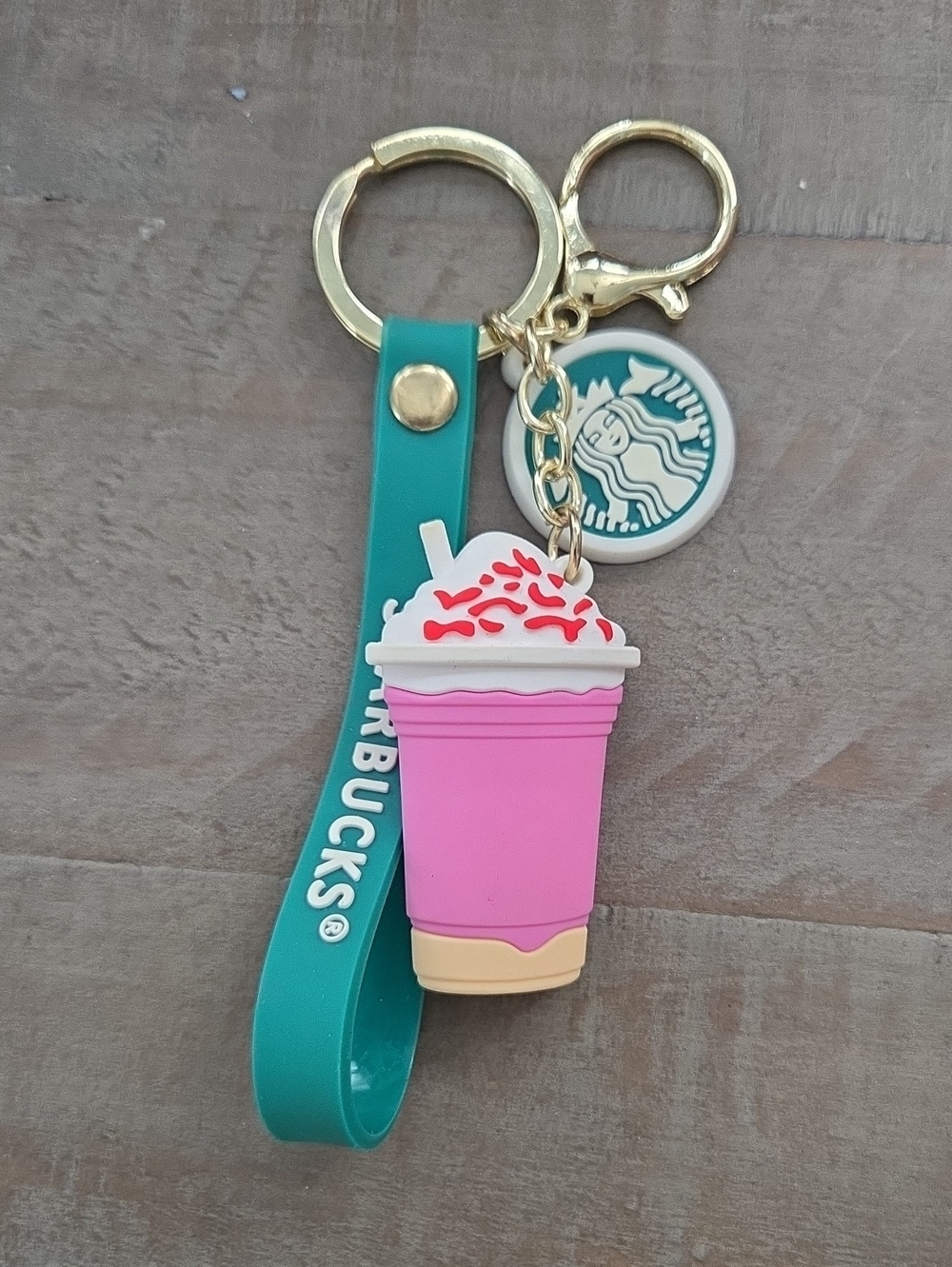 Starbucks Pink Frappuccino Key & Card Holder with Teal Strap